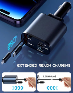 Retractable Car Charger 4 in 1 Fast Car Phone Charger 120W With USB Type C Cable