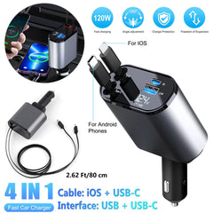 Retractable Car Charger 4 in 1 Fast Car Phone Charger 120W With USB Type C Cable